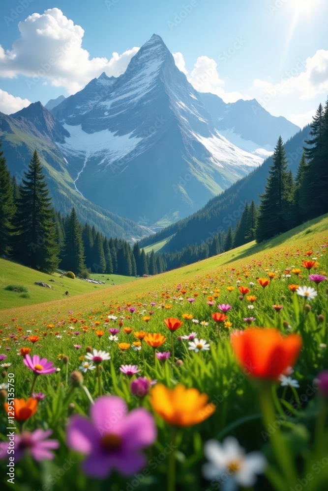Fototapeta premium Sun-drenched field of wildflowers against snow-capped mountain peaks , wildflower, plants