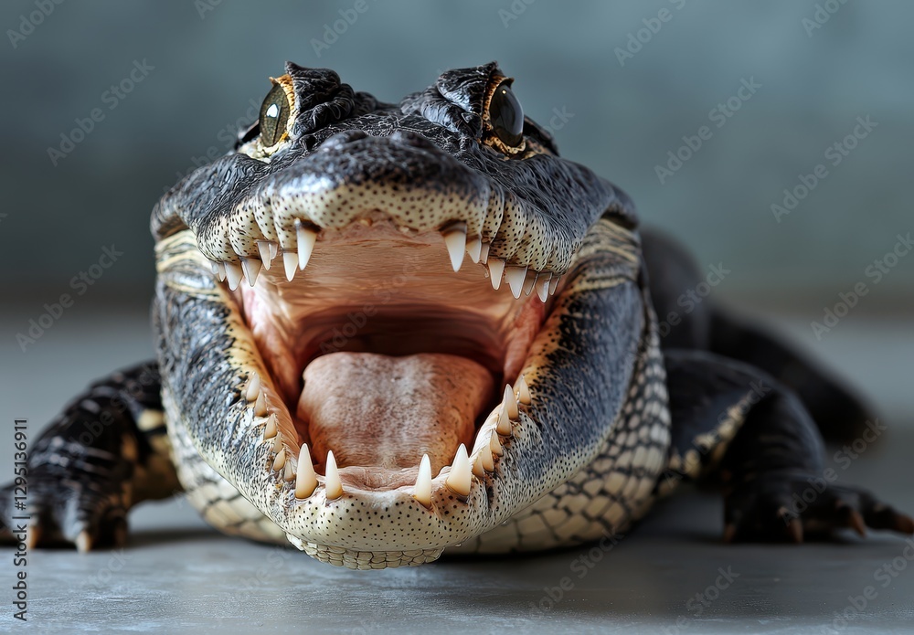 Obraz premium Close-Up of a Large Alligator with an Open Mouth Displaying Sharp Teeth and a Tongue, Capturing the Intriguing Details of Reptilian Features