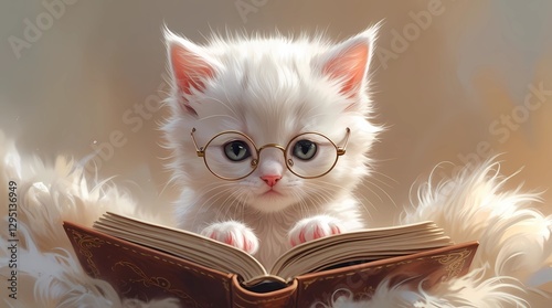 a highly detailed, ultra high-resolution, realistic illustration of a tiny white kitten, no more than 10 weeks old, with a small round pair of spectacles perched on the end of its tiny pink nose, deep photo