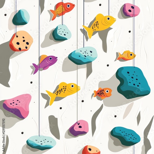 Colorful fish hanging from climbing wall photo