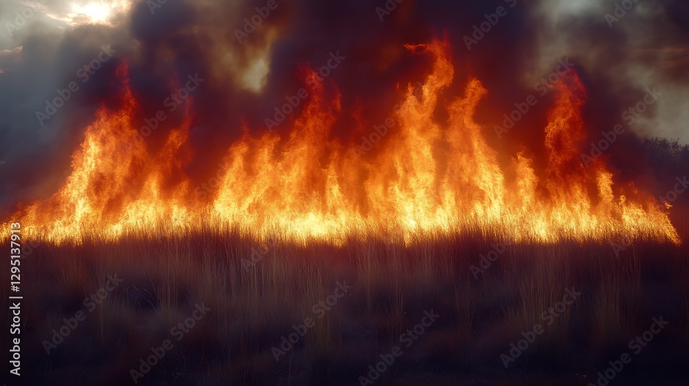 A raging wildfire burning tall grass in a dramatic landscape A raging wildfire burning tall grass in a dramatic landscape
