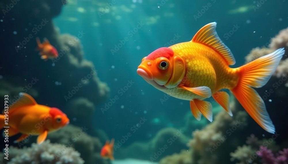 Vibrant orange goldfish approaches, underwater scene, pet, wildlife Vibrant orange goldfish approaches, underwater scene, pet, wildlife
