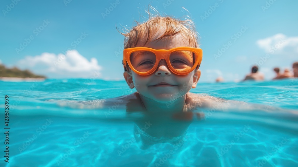 Naklejka premium A young boy in orange goggles enjoys a playful moment swimming in clear water, showcasing joy and adventure in a vibrant aquatic setting.
