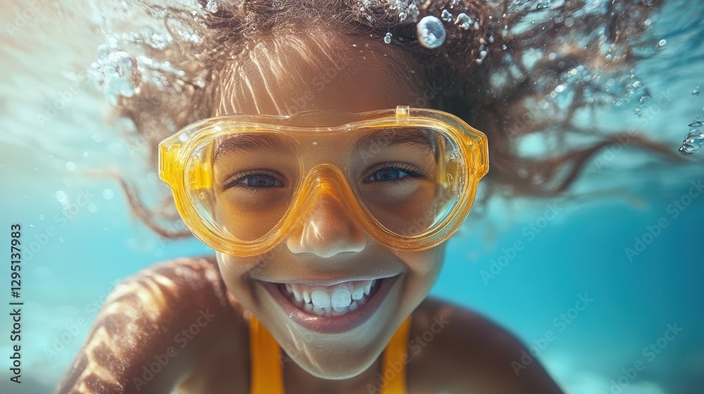 Fototapeta premium A cheerful young girl is enjoying the water while wearing colorful goggles, radiating joy and excitement in her playful aquatic environment.