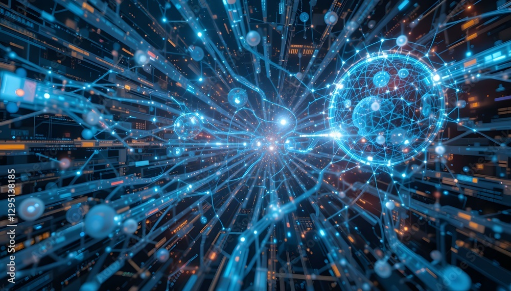 Naklejka premium Futuristic Digital Data Stream with Glowing Neon Light Trails