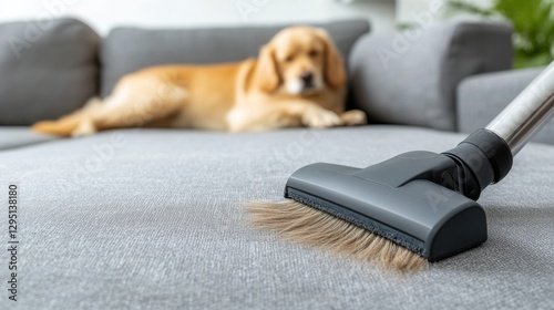 Vacuum cleaner removing pet hair from sofa, Golden Retriever resting on couch.