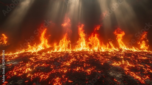 Fiery flames and radiant light burning across a dark landscape photo