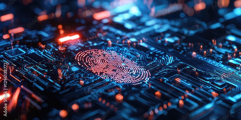Fototapeta premium A glowing fingerprint scanner unlocking an AI-powered neural processor.
