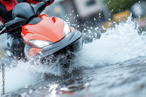 Orange watercraft creates splash on water surface, close-up view of a personal watercraft. photo