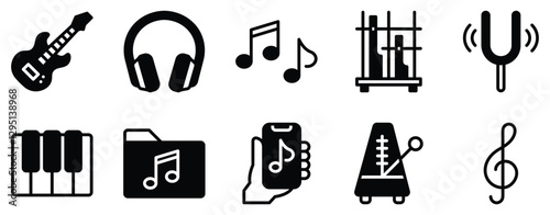 Music Icon Set Melodic Solid Style Collection for Sound and Rhythm.