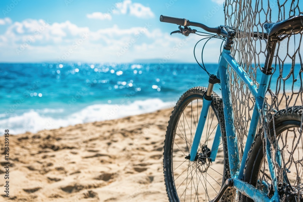 Fototapeta premium A bicycle rests on the sandy beach, positioned near the gentle waves of the water, embodying a serene coastal scene.