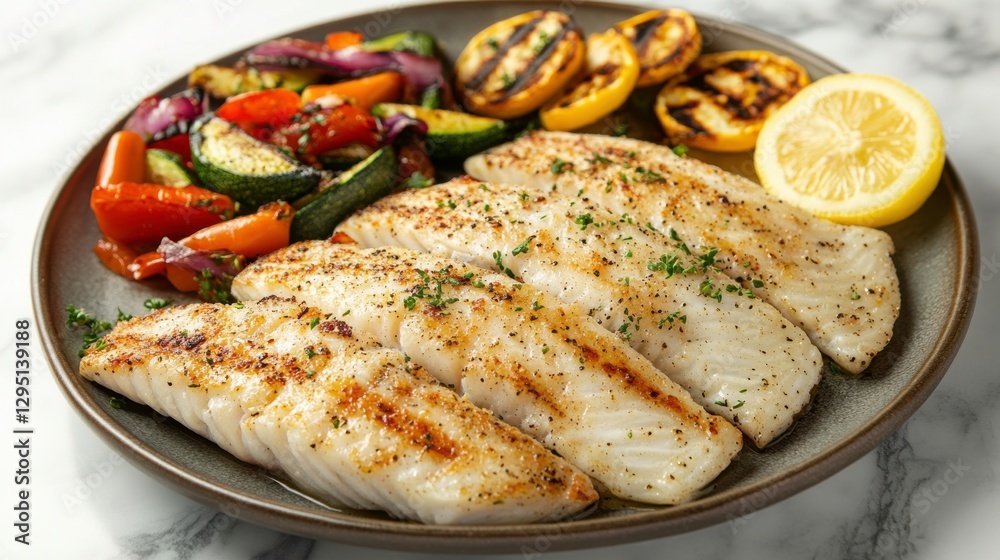 Grilled Fish Fillet with Vegetables and Lemon Drizzle Grilled Fish Fillet with Vegetables and Lemon Drizzle