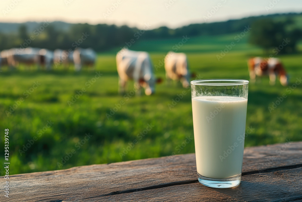 glass of fresh milk on rustic wooden table with cows grazing in green field, evoking sense of tranquility and farm life glass of fresh milk on rustic wooden table with cows grazing in green field, evoking sense of tranquility and farm life
