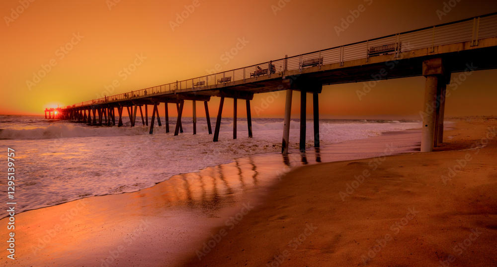 Brilliant colorful hues give the beach environment at Hermosa Beach Pier a dramatic look at the sun finds its way