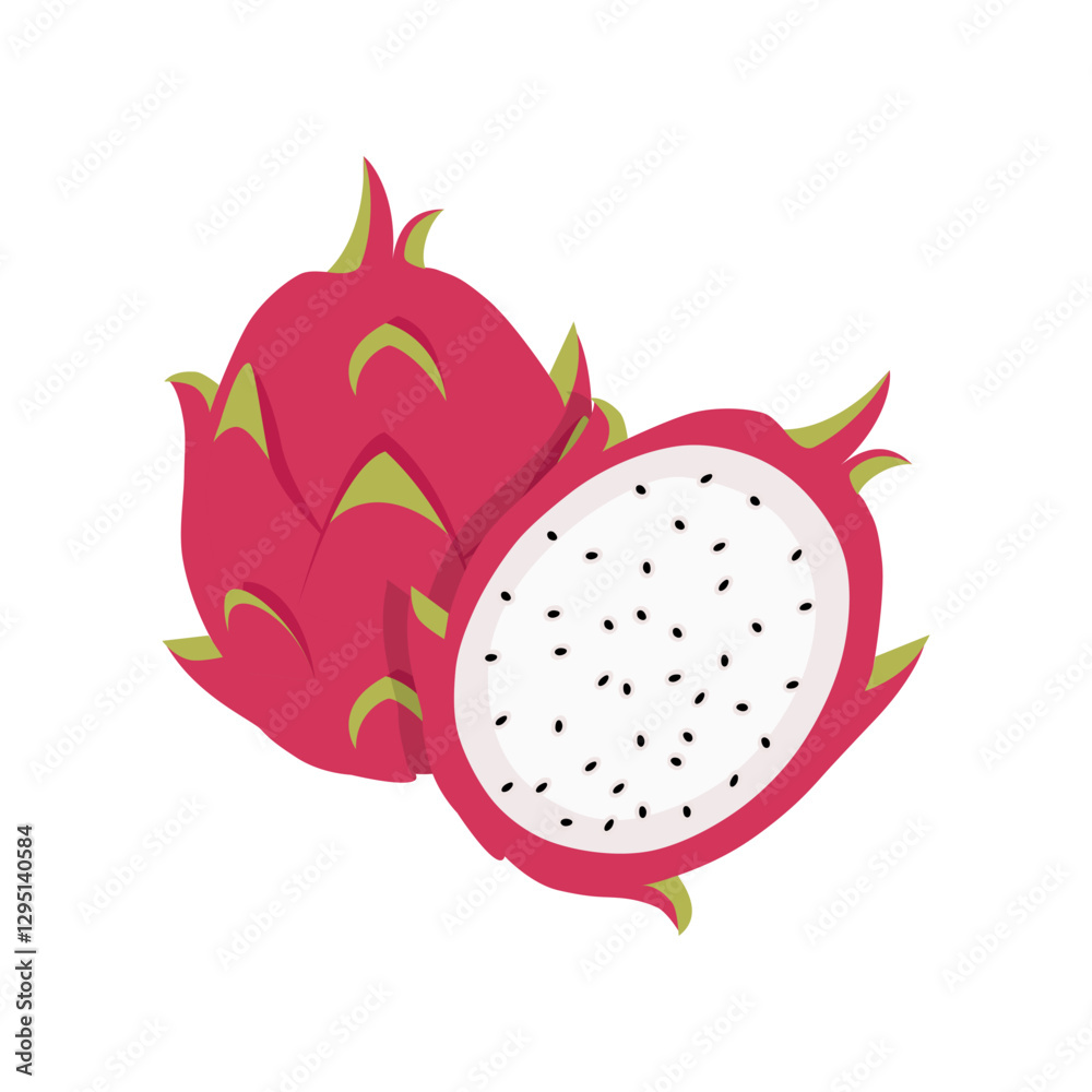 Summer tropical fruits for healthy lifestyle red dragon fruit whole fruit and half vector illustration flat cartoon icon isolated on white background Summer tropical fruits for healthy lifestyle red dragon fruit whole fruit and half vector illustration flat cartoon icon isolated on white background