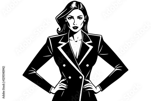 A bold black-and-white digital illustration of a confident businesswoman in a double-breasted blazer, standing with her hands on her hips. The artwork features sharp contrasts and clean lines