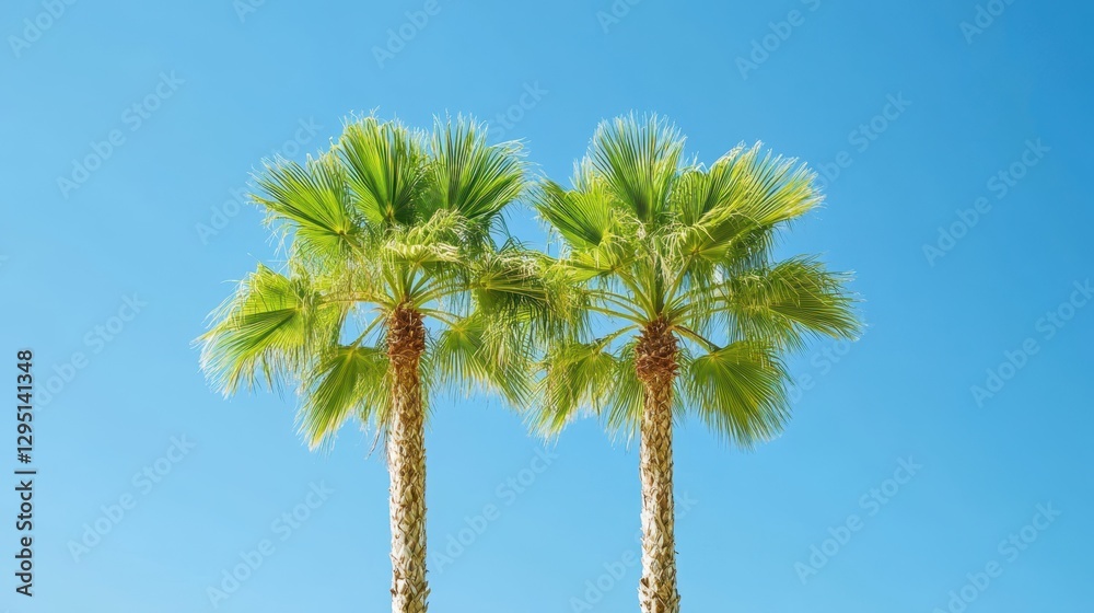 Two tall palm trees rise against a clear blue sky, showcasing their lush greenery and tropical essence, creating a serene and tranquil atmosphere. Two tall palm trees rise against a clear blue sky, showcasing their lush greenery and tropical essence, creating a serene and tranquil atmosphere.
