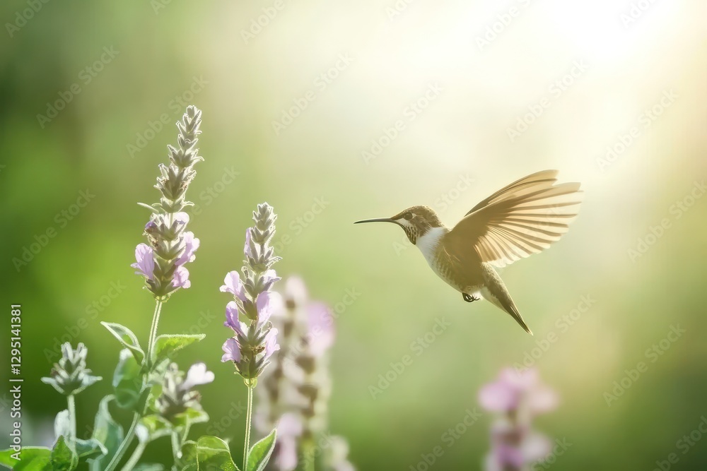 Fototapeta premium Hummingbird hovering near lavender, garden sunlight