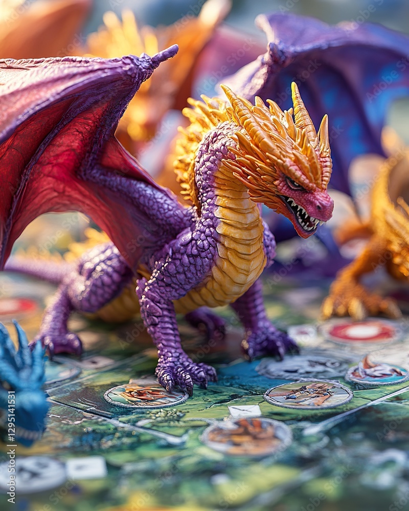 Obraz premium Purple and Gold Dragon Miniature on Game Board