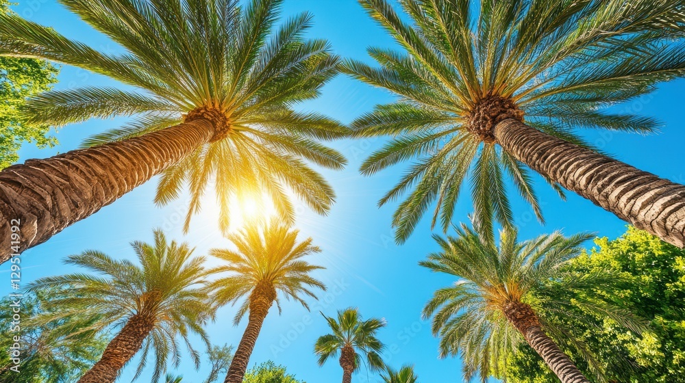 Fototapeta premium A serene scene featuring palm trees illuminated by sunlight, creating a tranquil atmosphere that highlights nature's beauty.