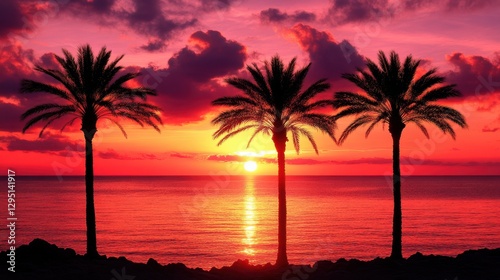 Three palm trees stand silhouetted against a stunning sunset, casting shadows over the tranquil ocean waters, creating a serene tropical atmosphere.