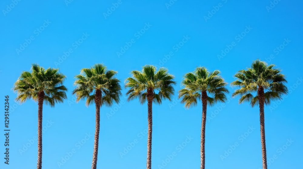 Obraz premium A beautiful scene featuring giraffe palm trees silhouetted against a vibrant blue sky adorned with fluffy white clouds.