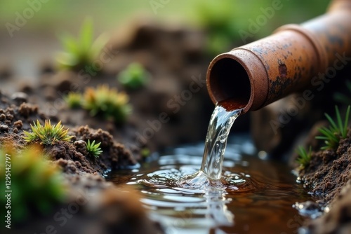 A terracotta pipe gently pours clear water into a small, newly formed pool, nourishing the delicate sprouts of emerging plants in the fertile earth