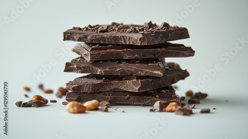 Stacked dark chocolate pieces with nuts and sprinkles on a light background photo