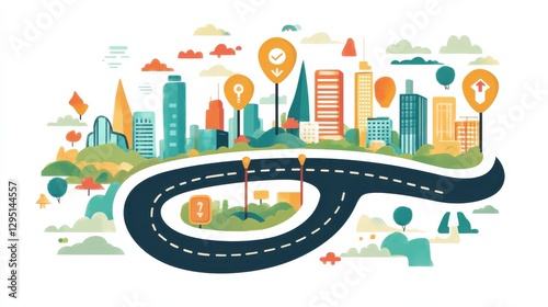 Colorful Urban Landscape with Road and City Icons Illustration