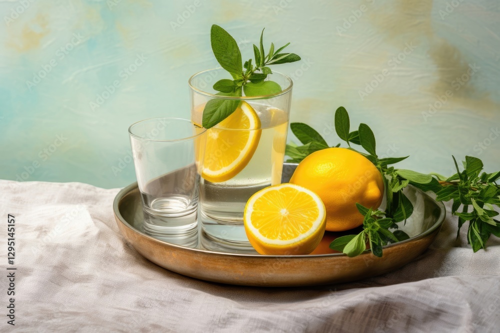 Fototapeta premium Fresh lemon water with mint leaves on brass tray. Refreshing summer drink. Detox beverage for healthy lifestyle. Natural citrus infused water. Spa and wellness concept. Copy space.