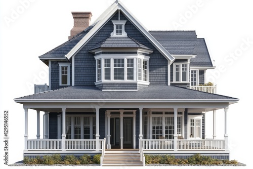 Front view of a classic, two-story house with a porch and landscaping, idyllic suburban home photo