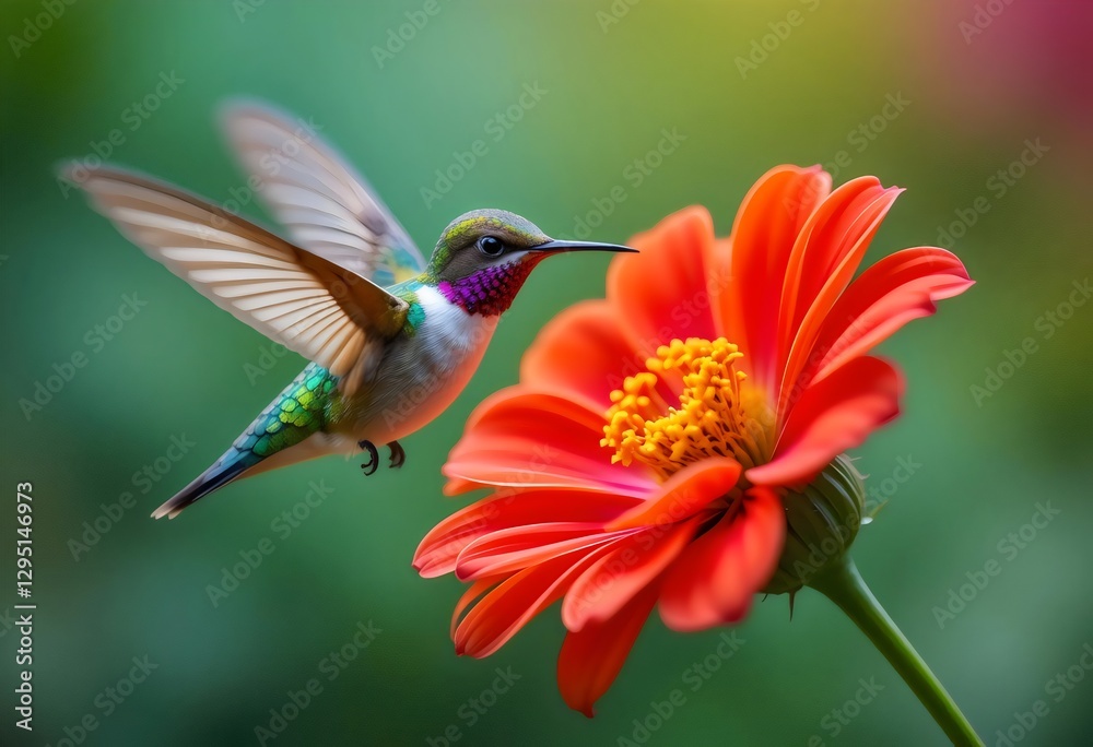 Naklejka premium Hummingbird Approaching a Red and Yellow Flower