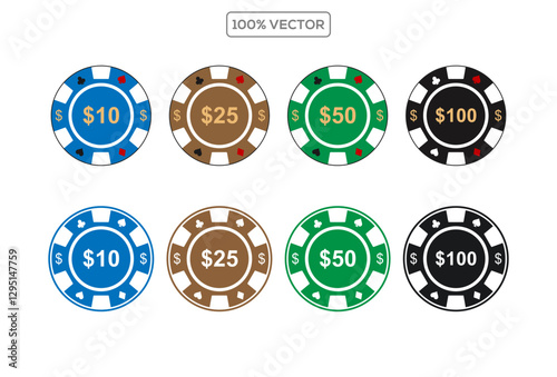 Casino Chips Set. Casino poker chips, plastic gambling coins. Roulette jackpot chips. vector icons illustration template