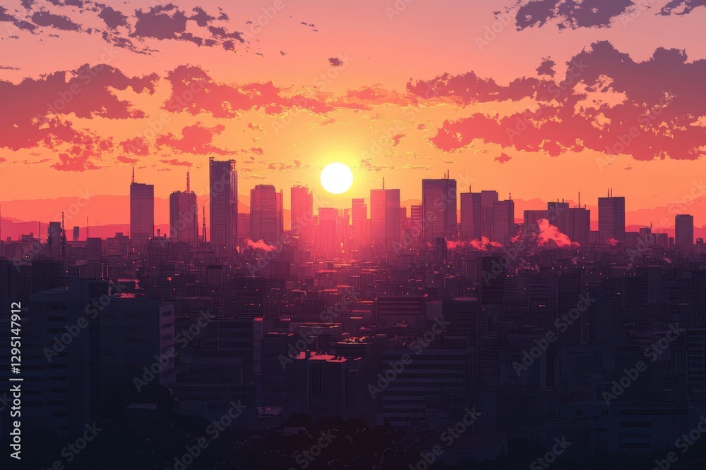Fototapeta premium Sunset Cityscape: A Breathtaking View of the City Skyline at Dusk