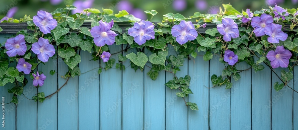 Fototapeta premium Purple Flowers Climbing Light Blue Fence