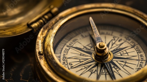 An antique brass compass showing its navigational markings and needle