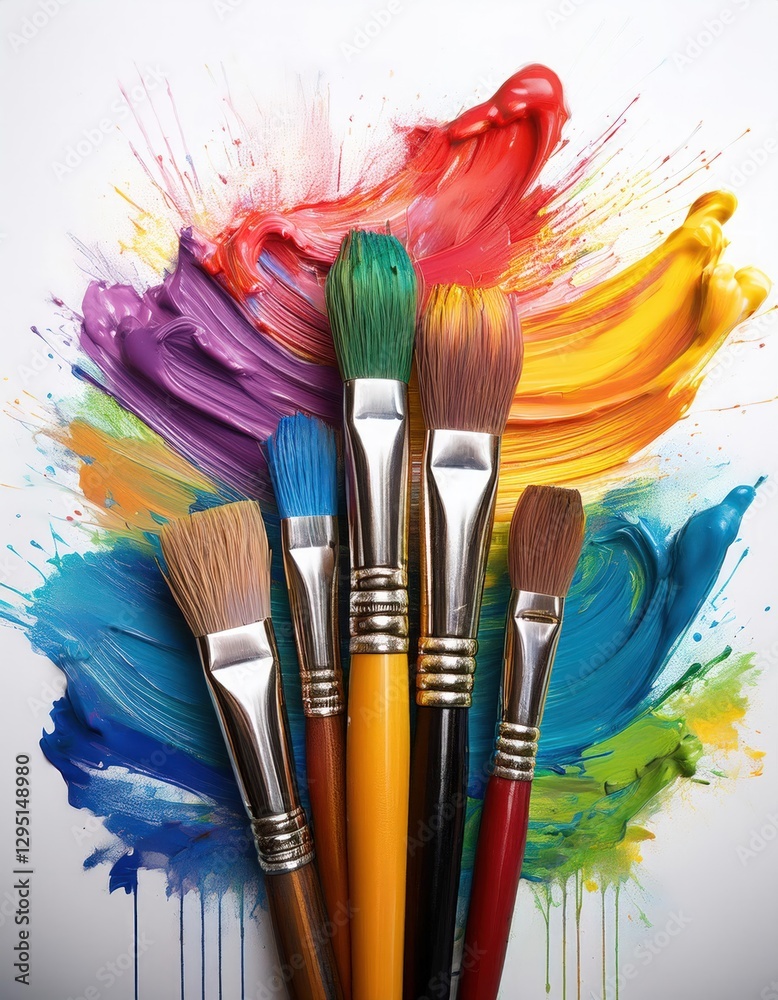 Obraz premium Paintbrushes with colorful paint strokes art supplies 