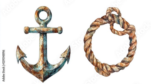 Rusty anchor and ship rope artwork nautical decor handpainted illustration isolated on white background photo