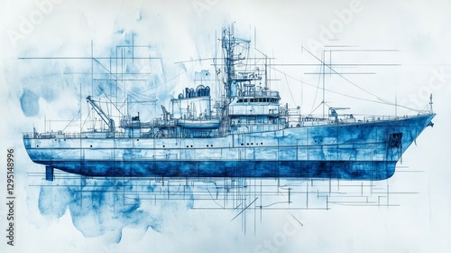 Handpainted ship blueprint marine art digital illustration nautical theme isolated design gigapixel quality