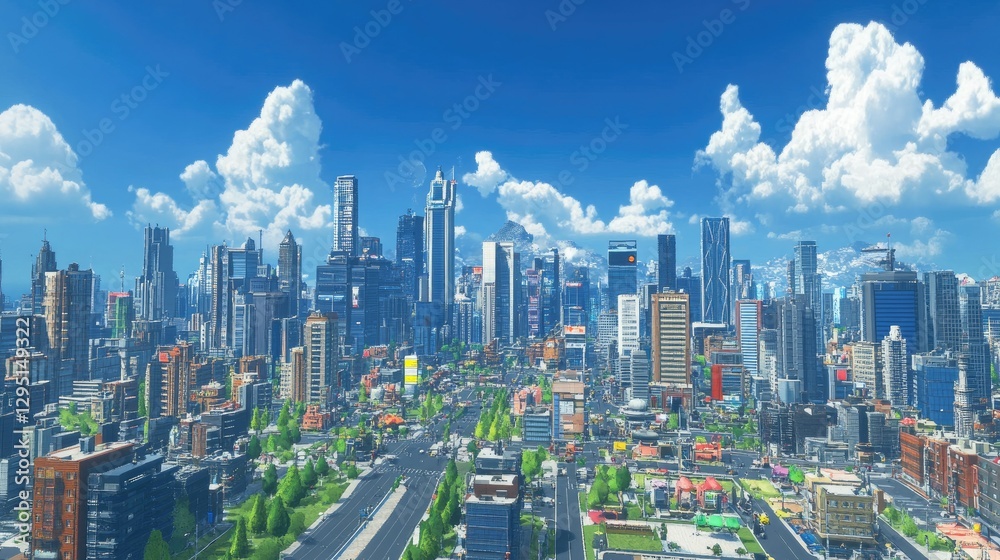 Obraz premium Aerial view of a modern city skyline with towering skyscrapers, bustling streets, and a blue sky panorama.