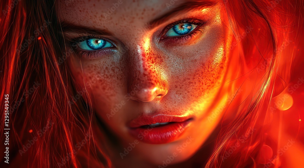 Fiery-haired woman, intense gaze, ember background, fantasy portrait Fiery-haired woman, intense gaze, ember background, fantasy portrait