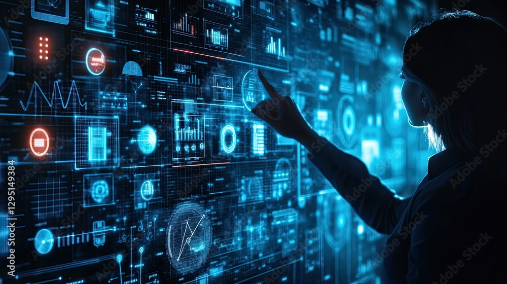AI-driven workflow concept with an employee pointing at a digital task management board, optimizing efficiency. AI-driven workflow concept with an employee pointing at a digital task management board, optimizing efficiency.