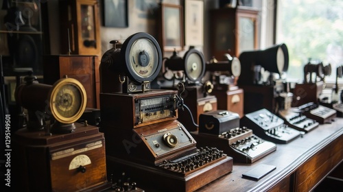Antique Communication Devices And Instruments Arranged On A Table