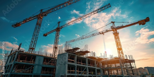 A new shopping mall being built with large cranes lifting structural beams into place.