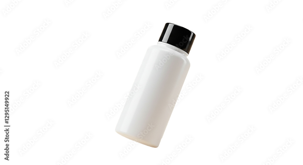 A studio shot of a sleek, white cylindrical cosmetic bottle with a glossy black screw cap, floating slightly above the surface, perfectly centered, isolated on a solid neutral background A studio shot of a sleek, white cylindrical cosmetic bottle with a glossy black screw cap, floating slightly above the surface, perfectly centered, isolated on a solid neutral background