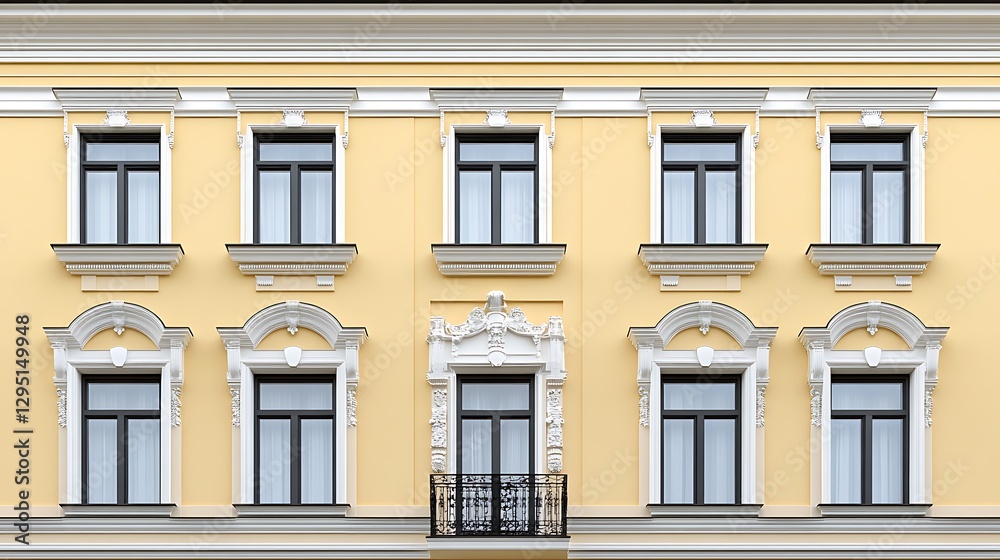 Fototapeta premium Elegant Pale Yellow Building Facade with Ornate Windows AI Generated