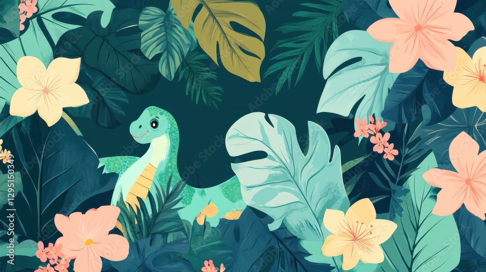Obraz premium Cute Cartoon Dinosaur Surrounded by Tropical Plants and Flowers
