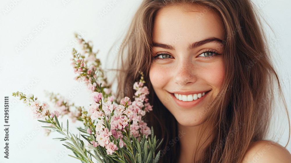 Vibrant woman holding a colorful bunch of fresh flowers smiling radiantly in a natural outdoor environment