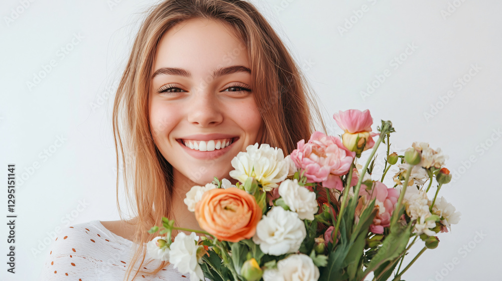 Graceful woman holding a lovely bouquet of flowers while smiling brightly in a serene outdoor natural setting Graceful woman holding a lovely bouquet of flowers while smiling brightly in a serene outdoor natural setting