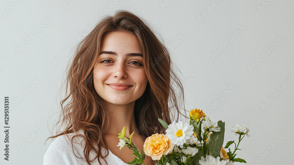 Elegant woman holding a beautiful bouquet of colorful flowers while smiling joyfully in a bright outdoor setting Elegant woman holding a beautiful bouquet of colorful flowers while smiling joyfully in a bright outdoor setting